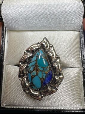 Ring Azurite 925 Sterling Silver Ornate Frame Setting Leaves Blue